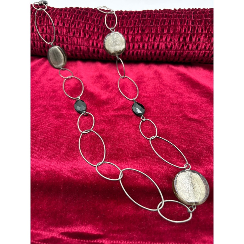 Gunmetal Oval Link Station Necklace Silver Foil Glass & Black Bead Long 36 Inch